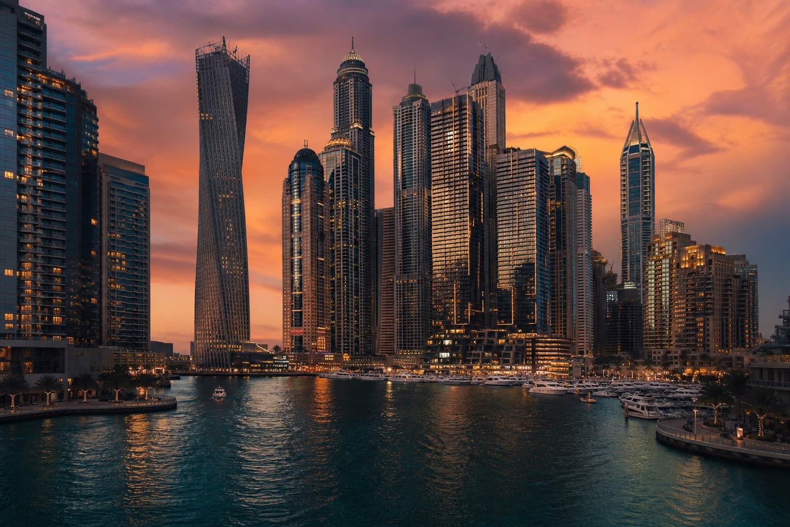 Dubai Marina skyline at dusk