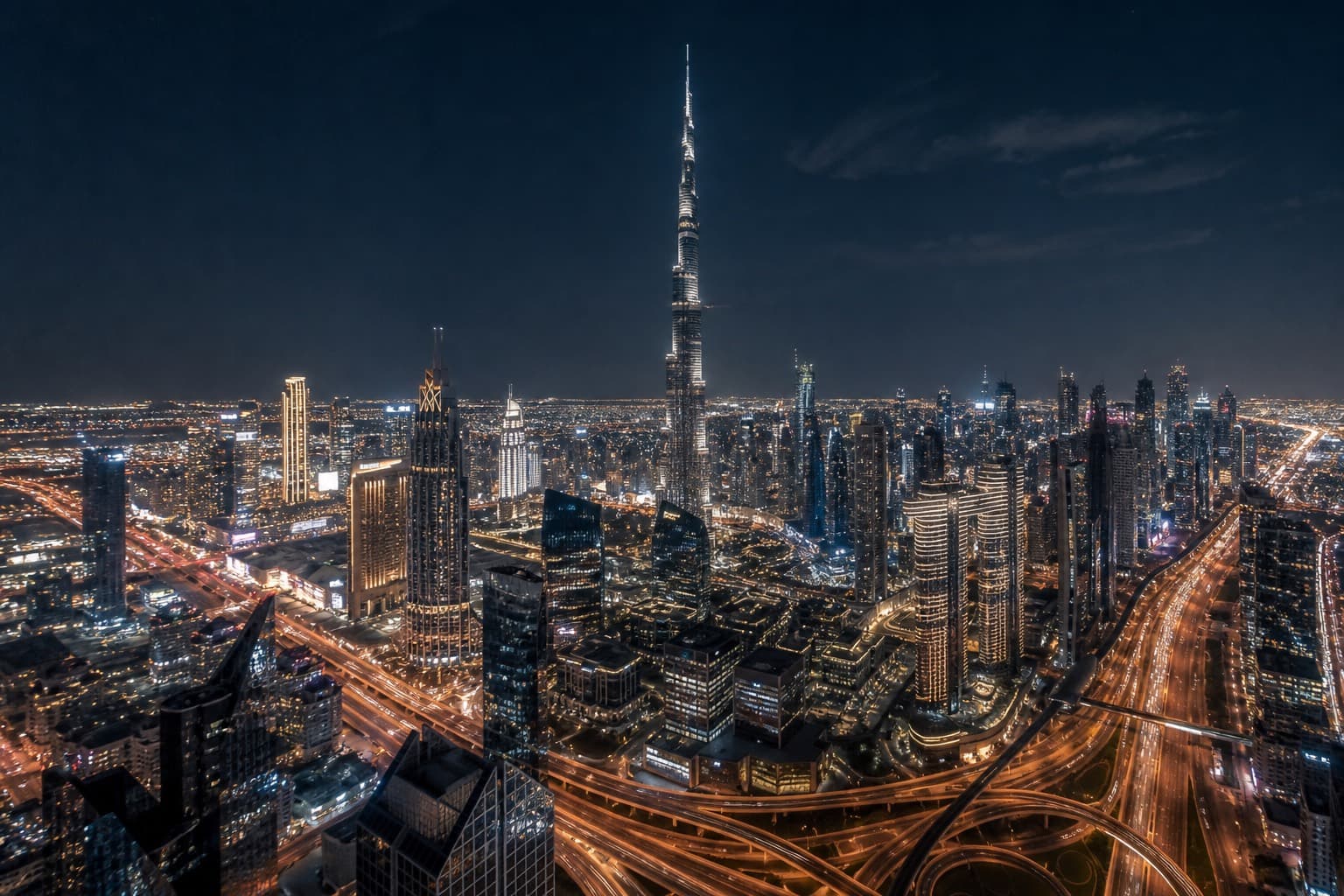 Aerial night view of Dubai downtown